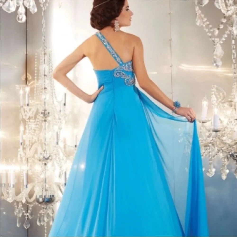 NEW PANOPLY SZ 8 TURQUOISE ONE SHOULDER JEWELED DRAPE FORMAL GOWN - Picture 8 of 9